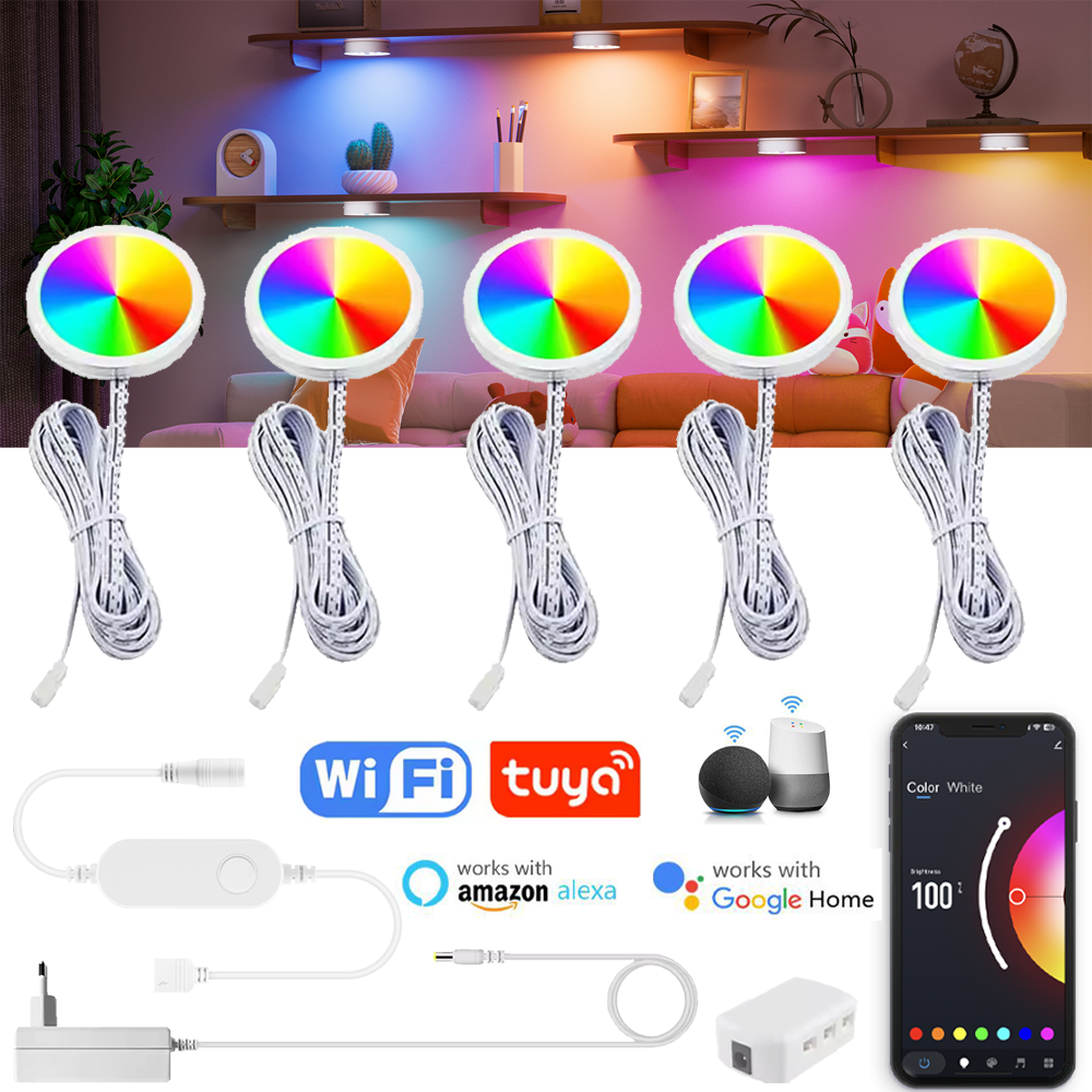 Tuya WIFI DC12V RGB Color Under Cabinet Lights Dimmable Puck Light Festival Wardrobe Bedroom Kitchen for Alice Alexa Home