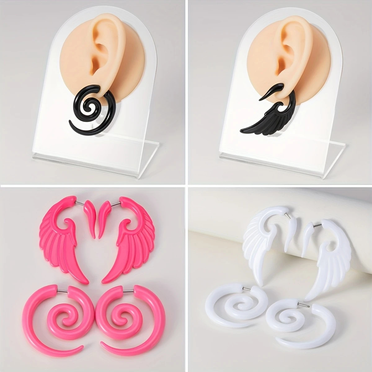 2 Pairs Acrylic Fake Cheater Stretcher Flesh Earrings Punk Style Acrylic Spiral Wing Ear Taper Gauges Expanders Tunnel Plugs