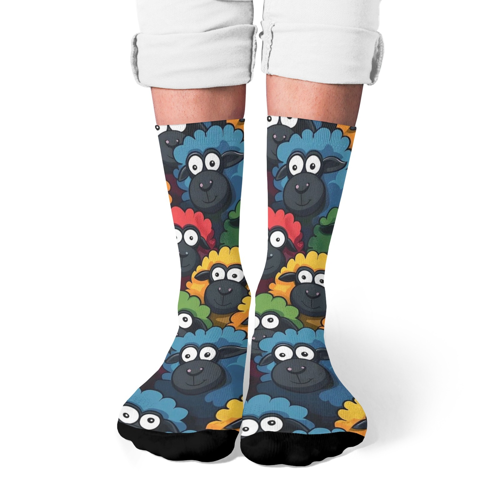 1 Pair Fun Cartoon Colorful Sheep Print Men Crew Socks Adorable Sheep Pattern Warm Stylish & Cozy Seamless Knit Novelty Gift