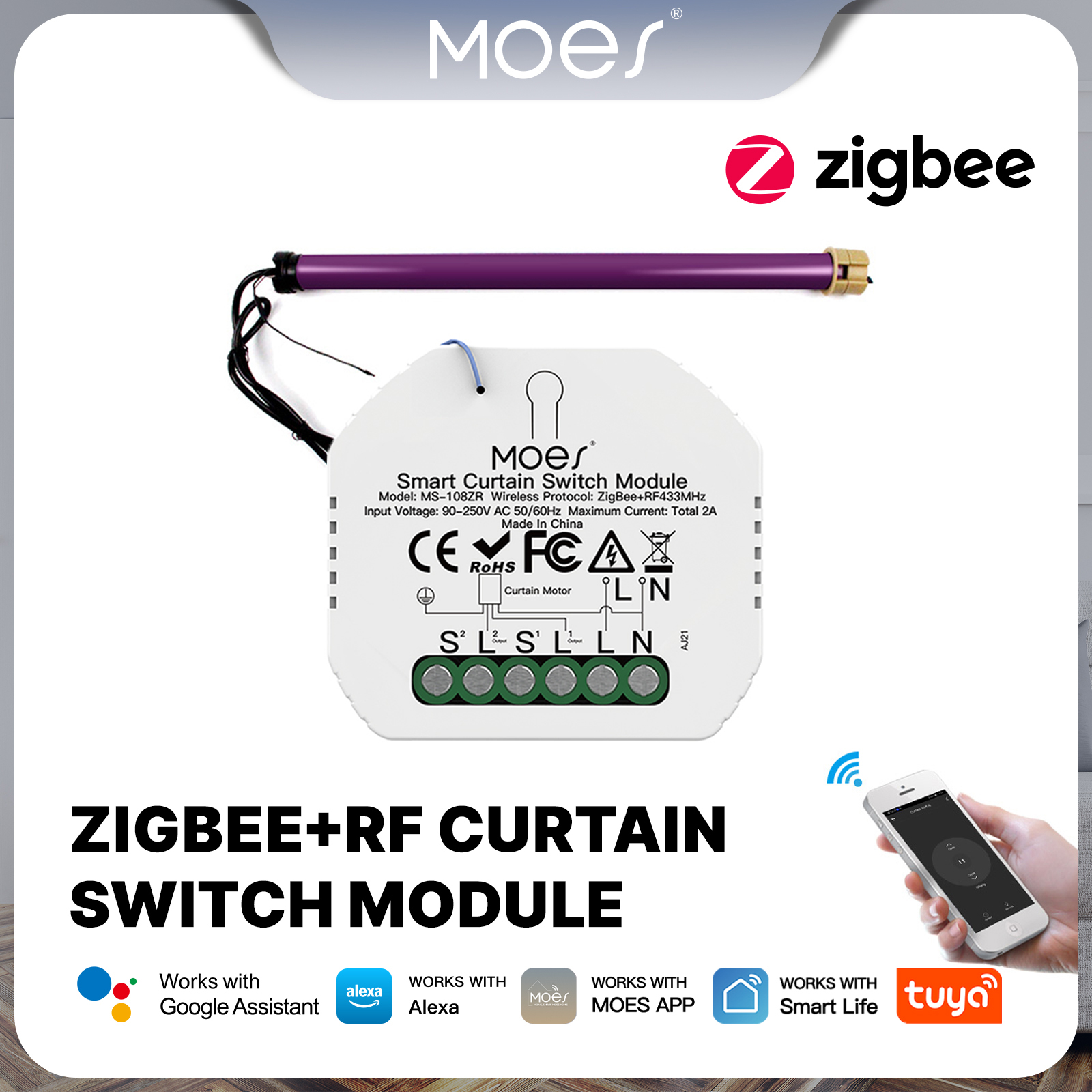 Moes Tuya Smart ZigBee RF433 Curtain Switch Module DIY for Motorized Roller Blinds Motor 2MQTT Smart Life APP Alexa Home