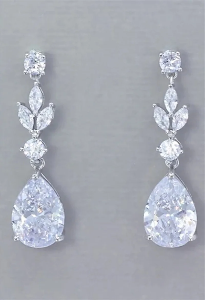 Exquisite Water Drop Cubic Zirconia Stones Earrings Fashion Silver Color Inlaid Zircon Engagement Wedding Dangle Earrings