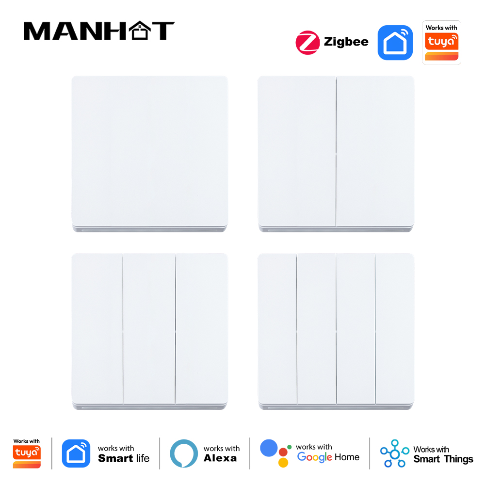 Manhot Tuya Smart EU Zigbee Button Switch No Capacitor Wire Required 1/2/3/4 Gang Wall Light Switch Work With Alexa Google Home lightify