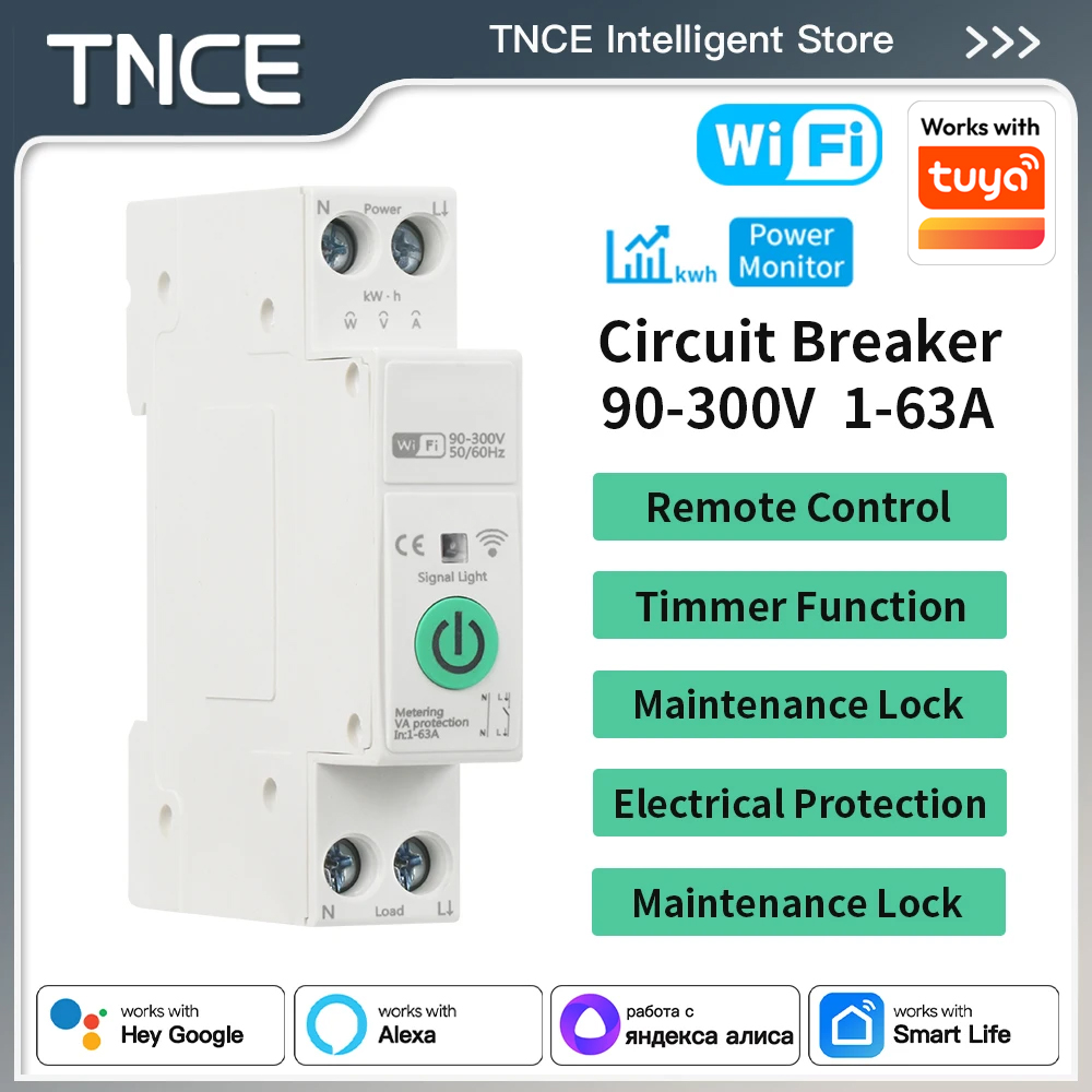 TNCE Tuya MCB Smart Circuit Breaker, wifi Over Current Under Voltage Protection Power Meter 63A, Voice Control Home Alexa