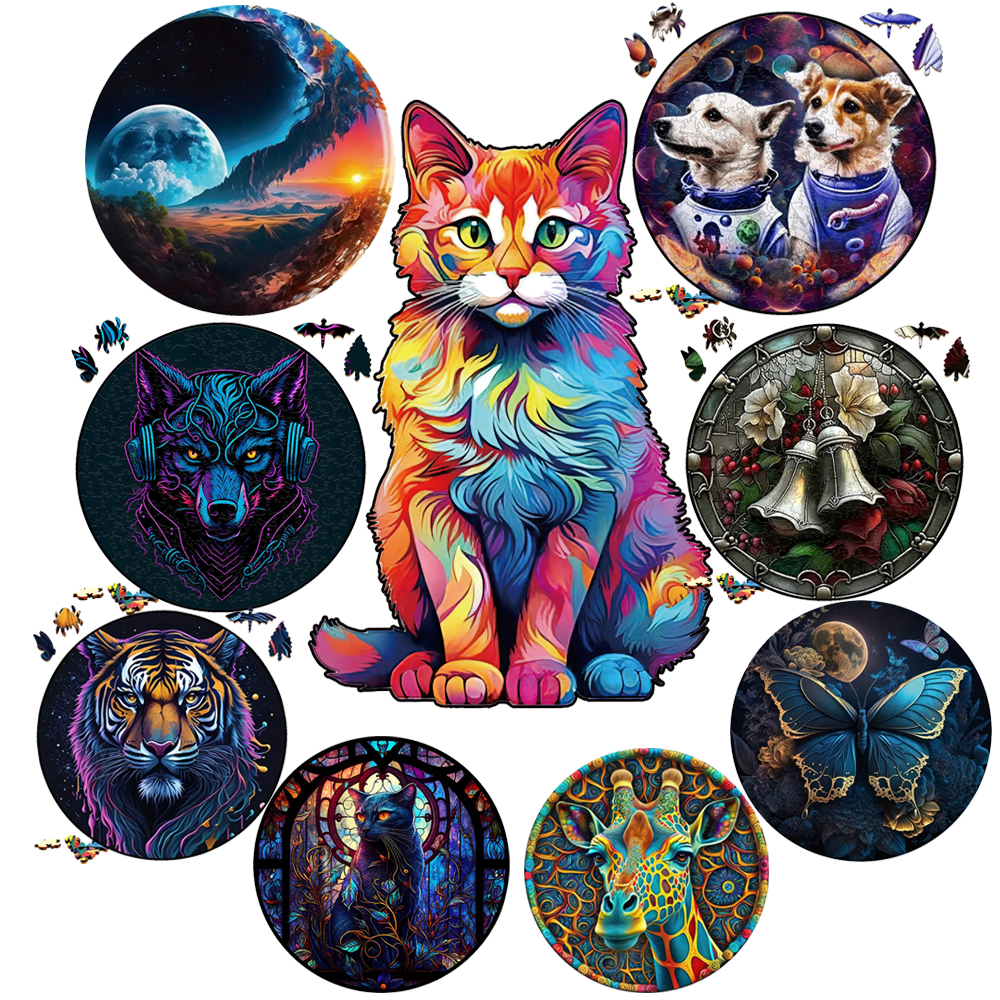 cat Series Wooden animal Puzzle Jigsaw Diy Draft For Kids Adults 3d Puzzle Brain Games circular wood Jigsaws