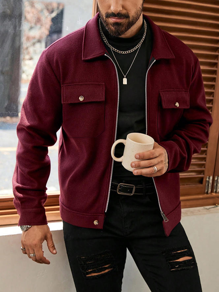 2025 Autumn/Winter New Solid Color Men's Woolen Coat Fashion Zipper College Style Jacket