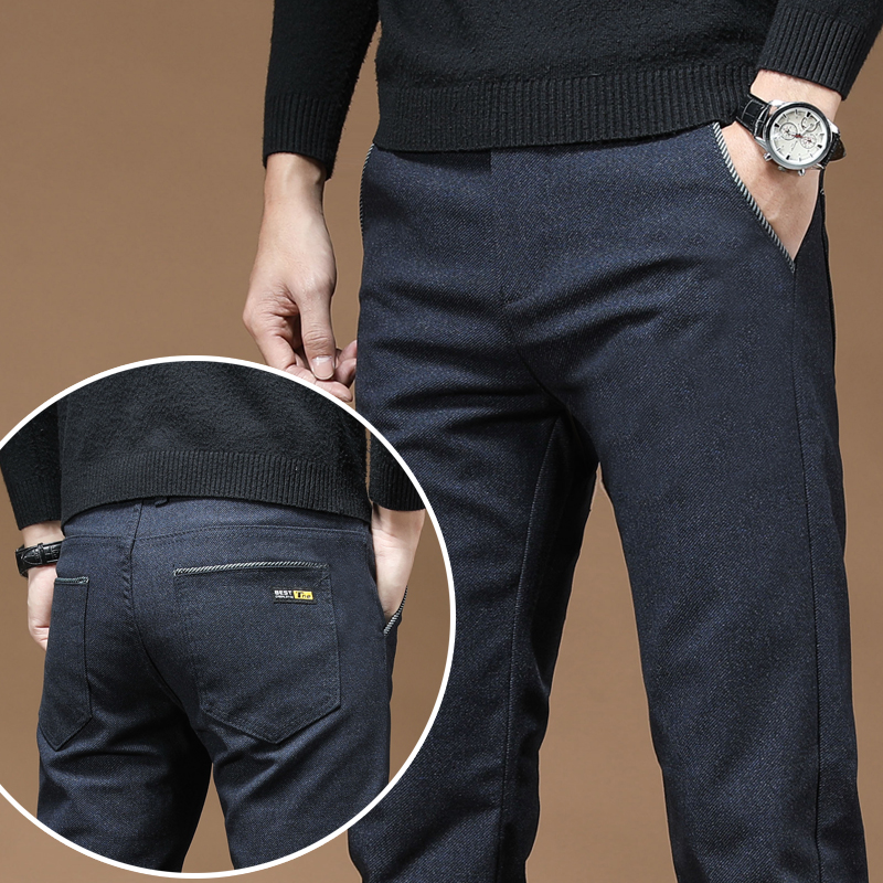 Men's Slim Business Casual Pants 2024 New Brushed Elastic Fabric Korean Fashion Straight Autumn Winter Trousers Black Gray Blue