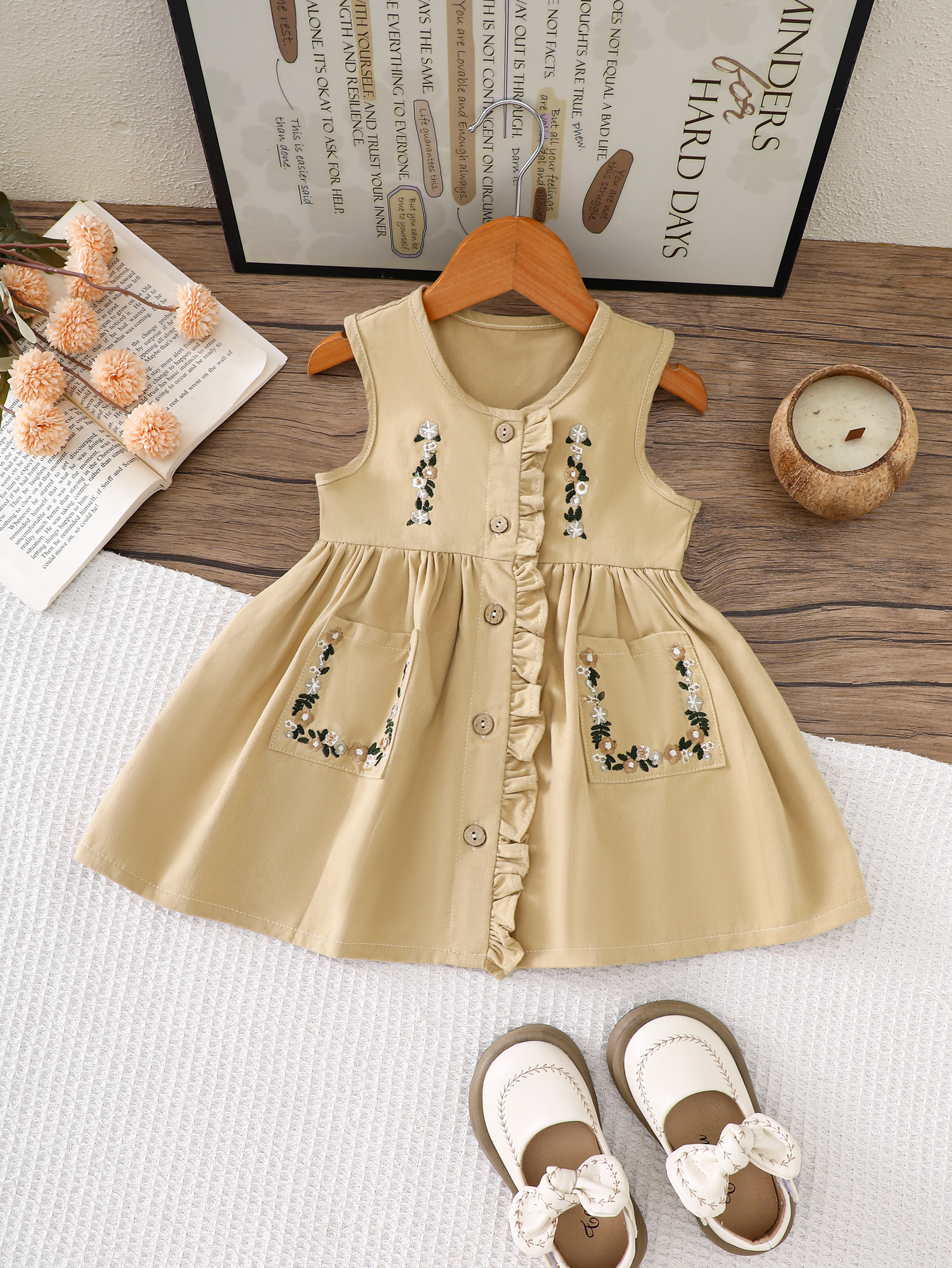 Girls' Embroidered Ruffle Sleeveless Dress, Spring and Autumn Pocket-Decorated Princess Dress, Korean Style Gentle Style Baby Tank Dress