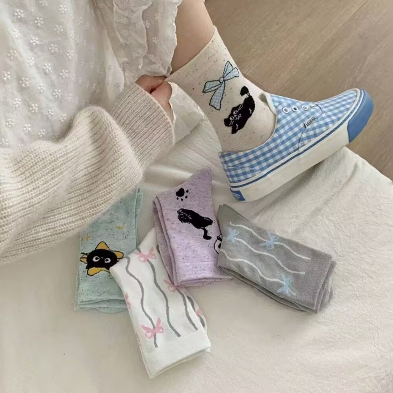 1/5 Pair Simple Cartoon Animal Cute Cat Bow Sweet Girl Female Socks Casual Comfortable Fashion Versatile Women's Middle Socks