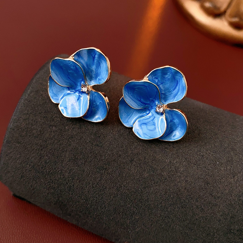 Vintage Blue Dripping Oil Flower Stud Earings for Women Inlaid Rhinestone Smuding Petal Ear Studs Party Daily Charms Бижутерия N