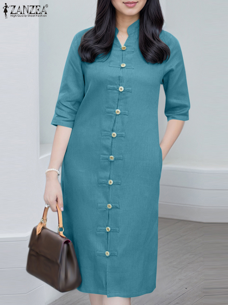 Vintage Dress Summer Solid Color Elegant Sundress Stand Neck Mid-Calf Robe 2025 ZANZEA Casual OL Work Buttons 3/4 Sleeve Vestido