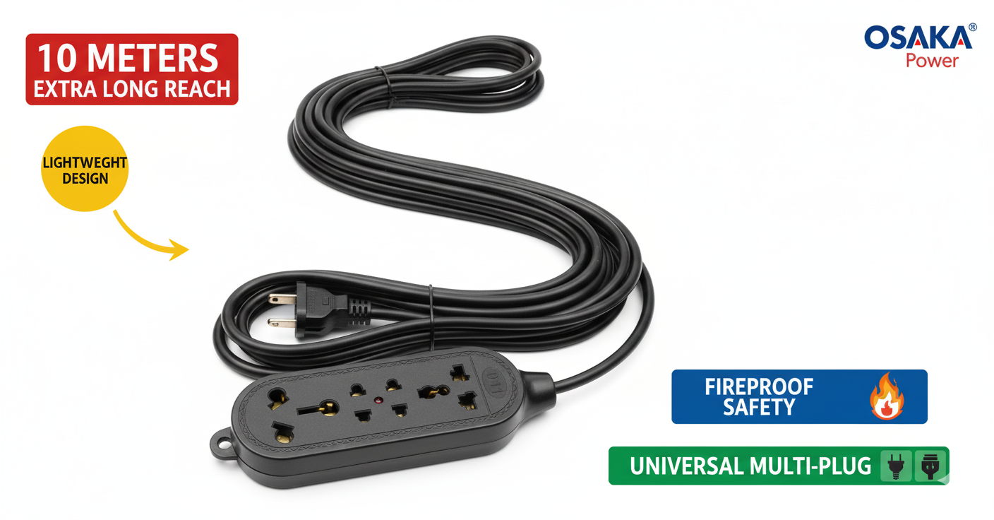 Osaka Power Extension Socket 10m Multi-Plug | Fireproof, High-Temperature Resistant, Lightweight Power Strip | Universal 3/5/13A