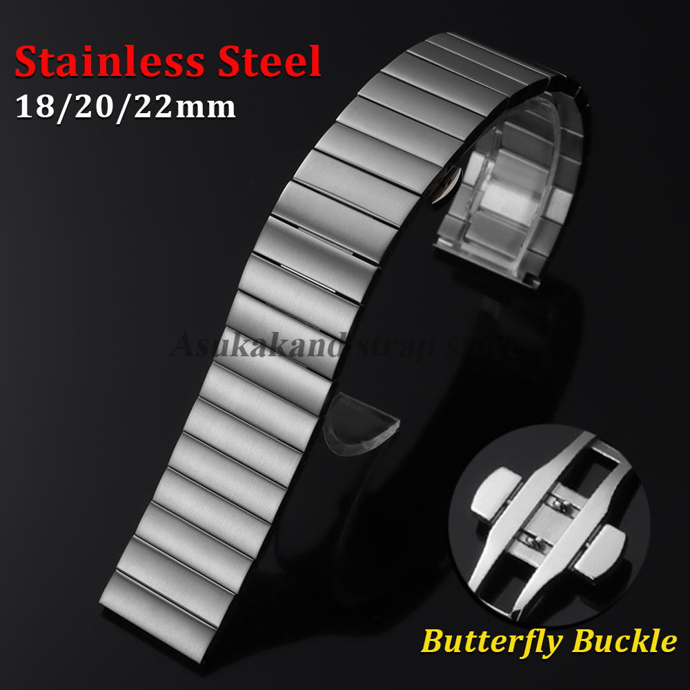 Silver Stainless Steel Watchstrap 18mm 20mm 22mm for Metal Watchband Straight End Butterfly Buckle for Men Women Bracelet
