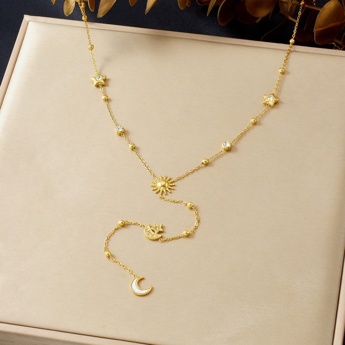 316L Stainless Steel Zircon Sun Moon Star Long Necklace For Women Fashion New Neck Chain Jewelry Party Bijoux