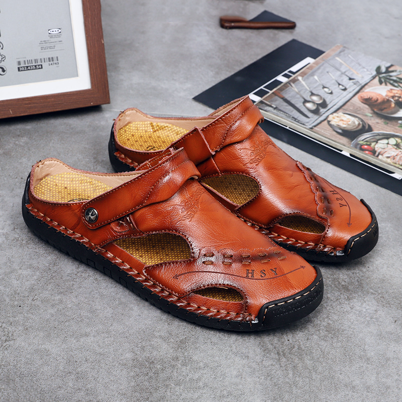 Large Size Men's Summer Non-Slip Beach Sandals Handmade Genuine Leather Outdoor Fashion Sneakers