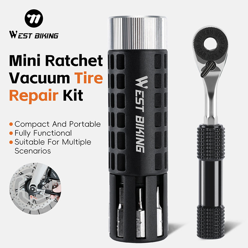 WEST BIKING Mini Ratchet Vacuum Tire Repair Kit Bicycle Repair Tool Set Ratchet Tire Repair Needle Fork 5 Strips