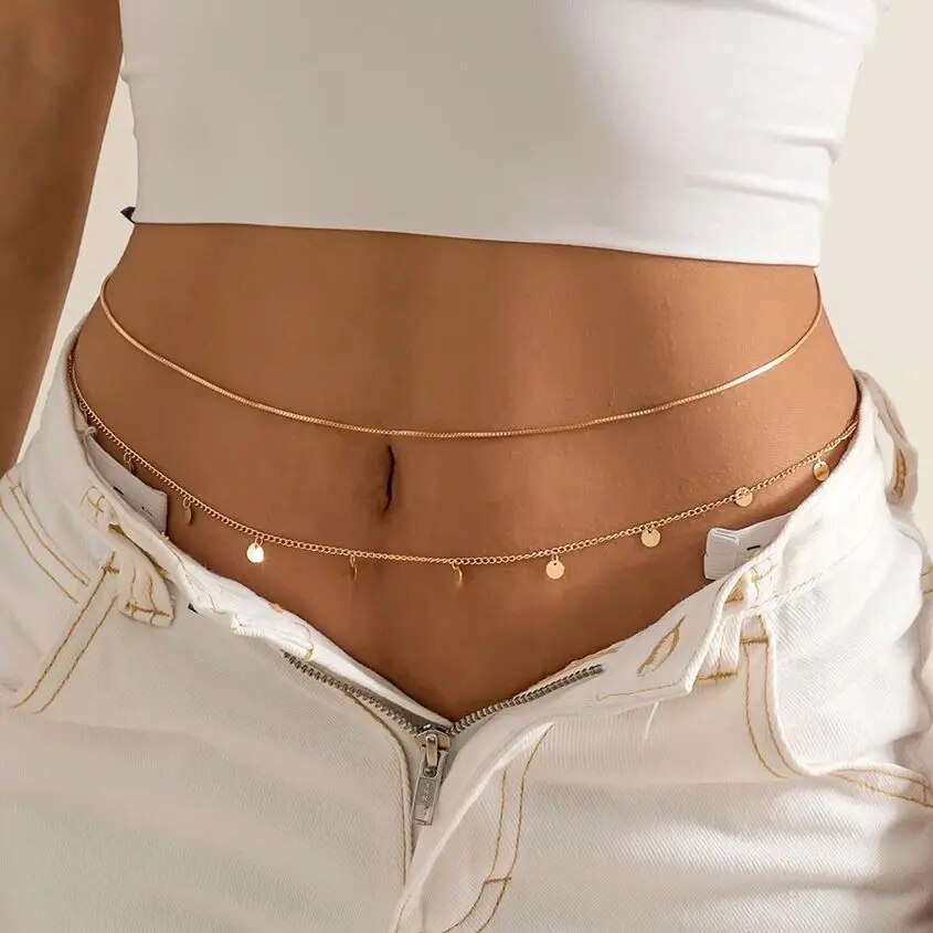 2Pcs/Set Sequins Belly Waist Chain for Women Summer Bikini Gold Color Multilayer Thin Chain Body Jewelry Y2K Accessories