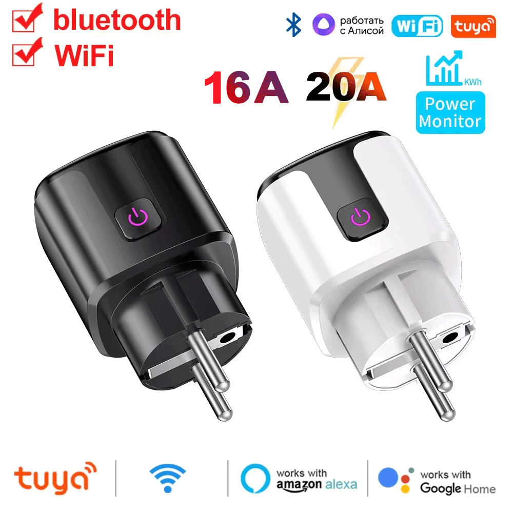 16A 20A AC 100-240V Wireless WiFi Smart Plug Smart Socket European Power Monitor Home Voice Control Smart Life