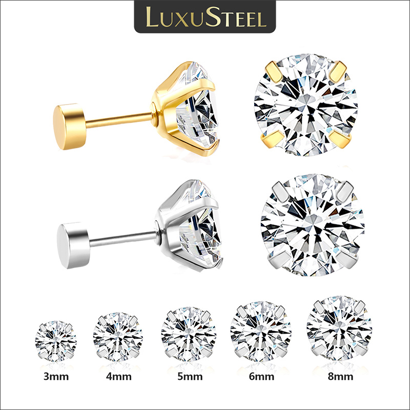 1Pair Stainless Steel Crystal Flat Studs Women Men Bar Screw Back Tragus Round Clear Cubic Zirconia Piercing Earrings Jewelry