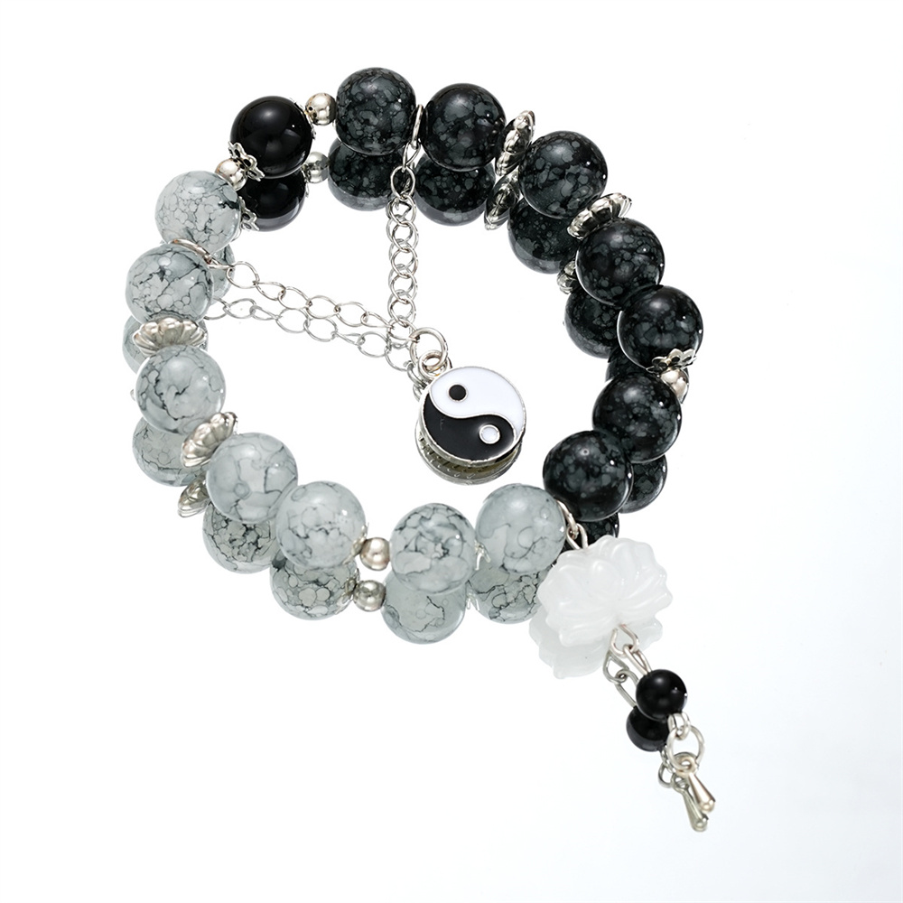 80s Flower Creative Gradient Black Gray Color Crystal Beaded Yin Yang Pendant Bracelets For Women Men Tassel Bangle Jewelry