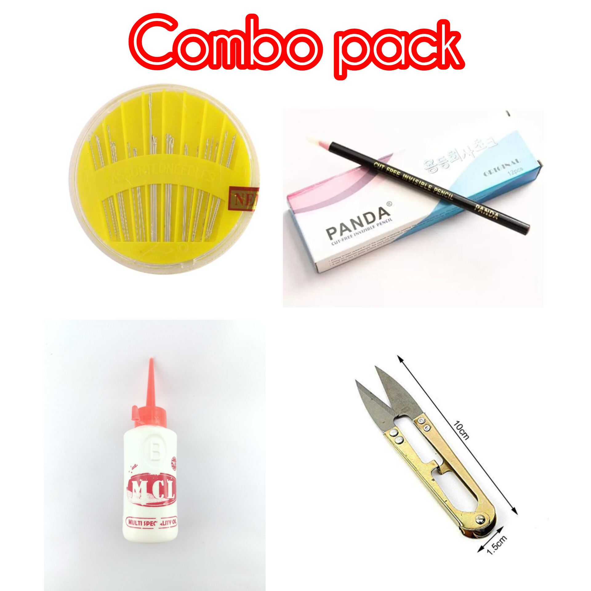 Tailoring & Sewing Combo Pack 4 Pis - Needle Set, Fabric Pencil, Machine Oil (70ml) & Thread Cutter