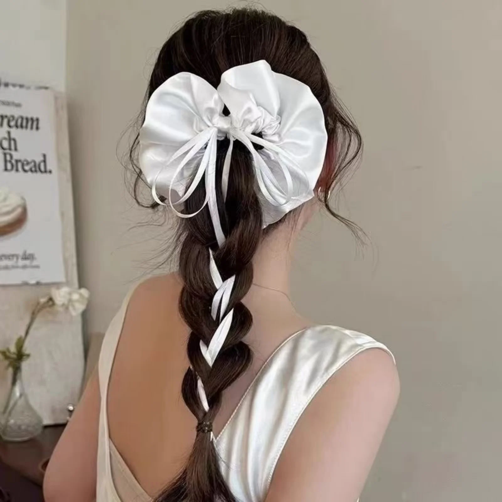 1PC White Satin Bow Scrunchie, Large Elegant Hair Tie With Long Ribbon, Romantic Bridal-Style Hair Accessory For Women