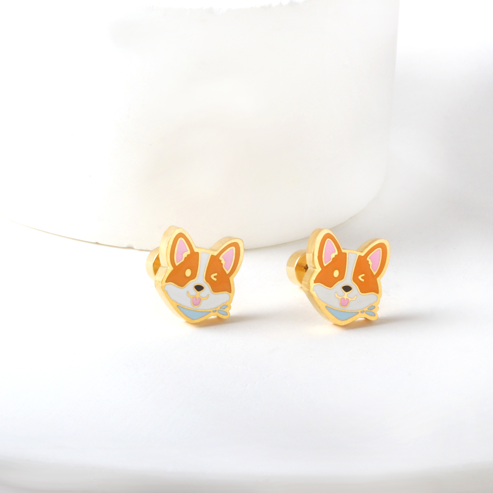 Cute Cartoon Corgi Earrings For Women Trending Gold Color Stainless Steel Piercing Screw Back Aretes De Mujer Ear Stud 2024