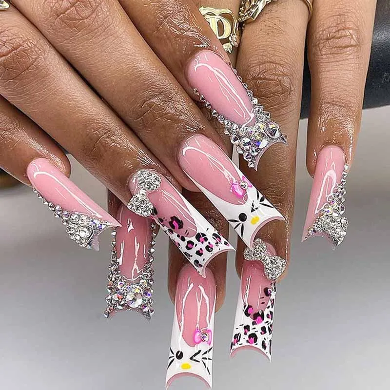 24Pcs French Coffin Long Press on Nails Pink Leopard Print with Pearl Handmade Fake Nails Nail Art with 1 Jelly Gel 1 Nail File