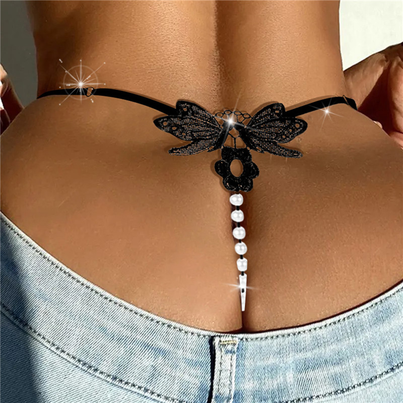 New String Panties Women Lace Butterfly G-Strings T-Back Thong Transparent Lingerie Cute With Pearls Panty Female Lingerie