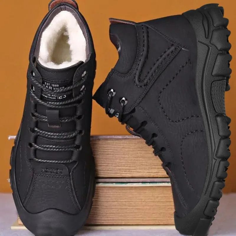 2025 Hot Selling Winter New Cotton Shoes Plus Fleece Thick Casual Sports Shoes Men's High Top Leather Shoes Fashion Snow Boots