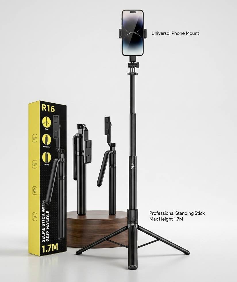 R16 Selfie Stick Tripod with Bluetooth Remote | Extendable Mobile Tripod Stand for TikTok, YouTube, Vlogging & Travel