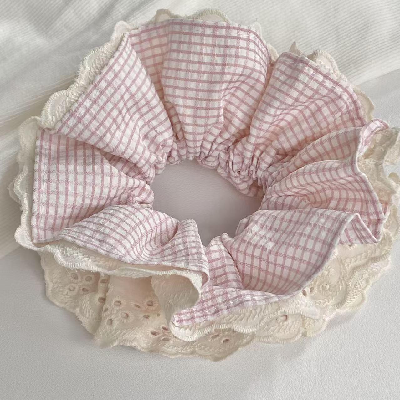 Pink fresh and sweet plaid lace four-layer large intestine scrunchie Gentle girl sweet lady daily hair accessory