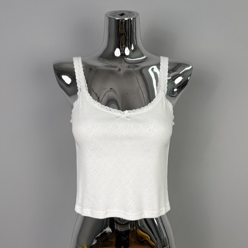 Women's Inner Wear Slim Camisole White Lace Trim Crop Top Sweet Spicy Girl Base Summer New Tank Top Hollow Out Versatile Vest