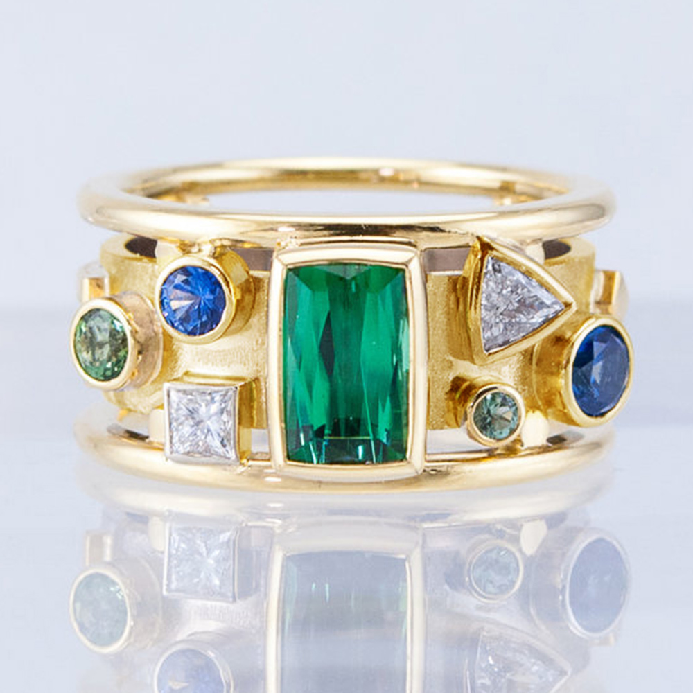 Huitan Luxury Retro Women Geometric Finger Ring Vintage Party Accessories Green/Blue/White Zircon Stones Female Jewelry New Ring