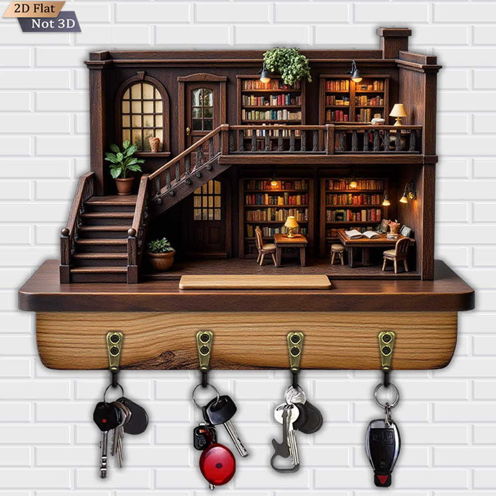2D Flat, 1pc, European Retro Solid Wood Key Hook, Multifunctional Wooden Home Key Hook with Four Metal Hooks, Wall Decoration,