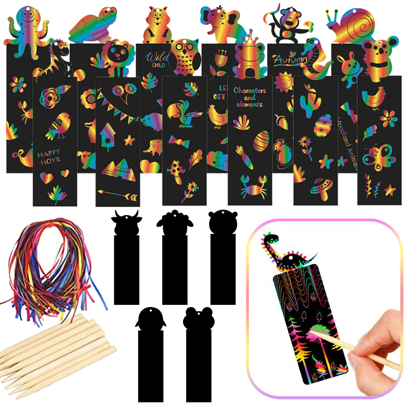 12pcs Magic Scratching Bookmarks with Ropes Hangable Children Creative Drawing Toys Graffiti colour Handmade DIY Art TMZ