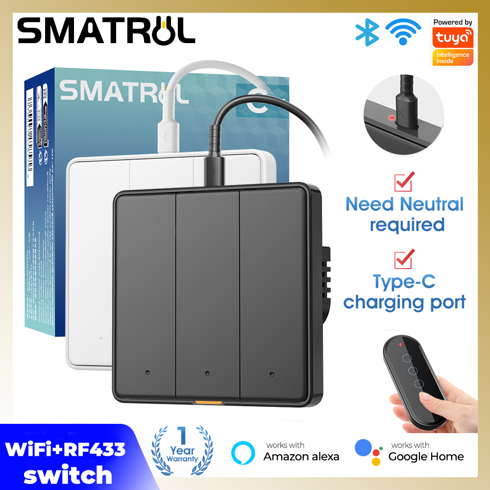 EU WIFI Light Switch Tuya Smart Home Alexa RF433 Remote Control 220v Touch Swith Type-C Port Have/No Netural Wire Require