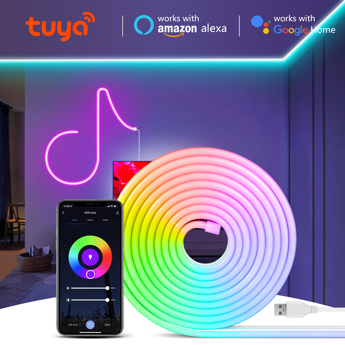 Tuya COB LED Strip Light WIFI RGBIC Smart Tape Addressable Flexible RGBIC LED Light 5V APP Control Support Alexa Home