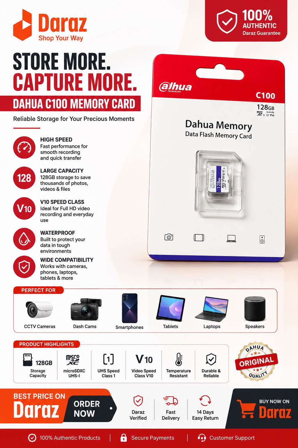 Dahua C100 128GB MicroSDXC Memory Card | UHS-I Class 10 V10 Flash Memory Card | High-Speed Storage for CCTV, Mobile, Camera & Dash Cam