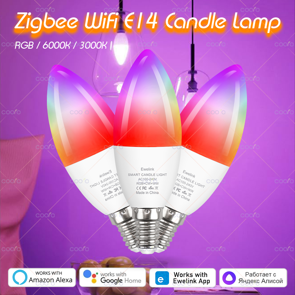 Ewelink Smart WiFi Zigbee LED Bulb E14 Candle Light 5W RGB Dimmable RGB Lamp App Voice Control Alexa Assistant Home Decor lightify