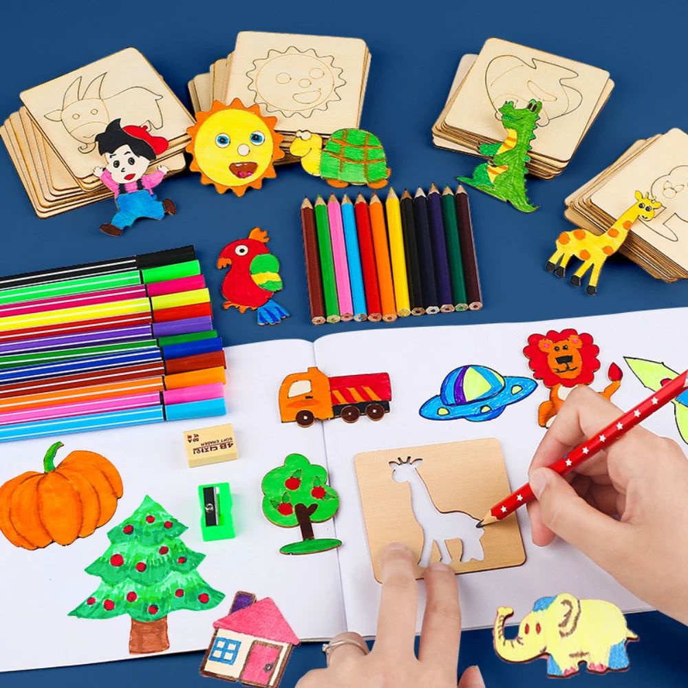 20pcs Montessori Kids Drawing Toys Wooden DIY Painting Stencils Template Craft Toys Puzzle Educational Toys for kids s