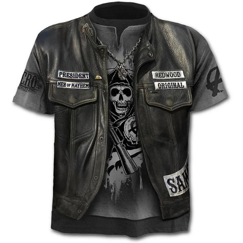 New retro street punk motorcycle men's T-shirt 3D shirt casual fashion hip-hop horror short sleeved round neck men's clothing - image 1