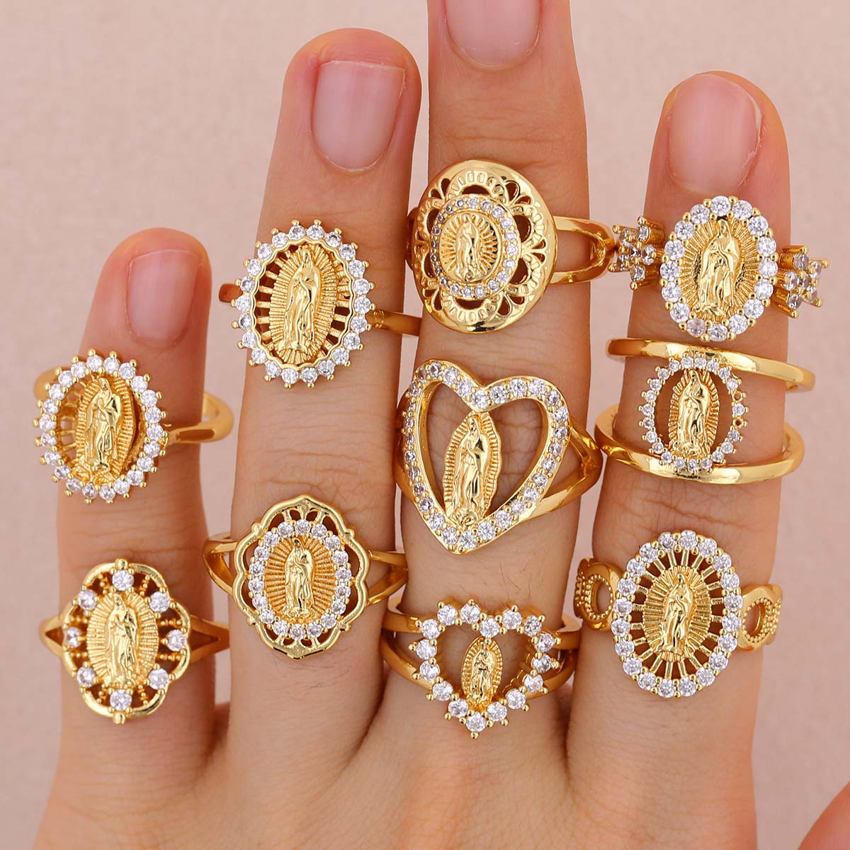 Classic Versatile Geometric Shape White Zircon Plated Gold Copper Virgin Mary Ring Women Daily Wearing Jewelry