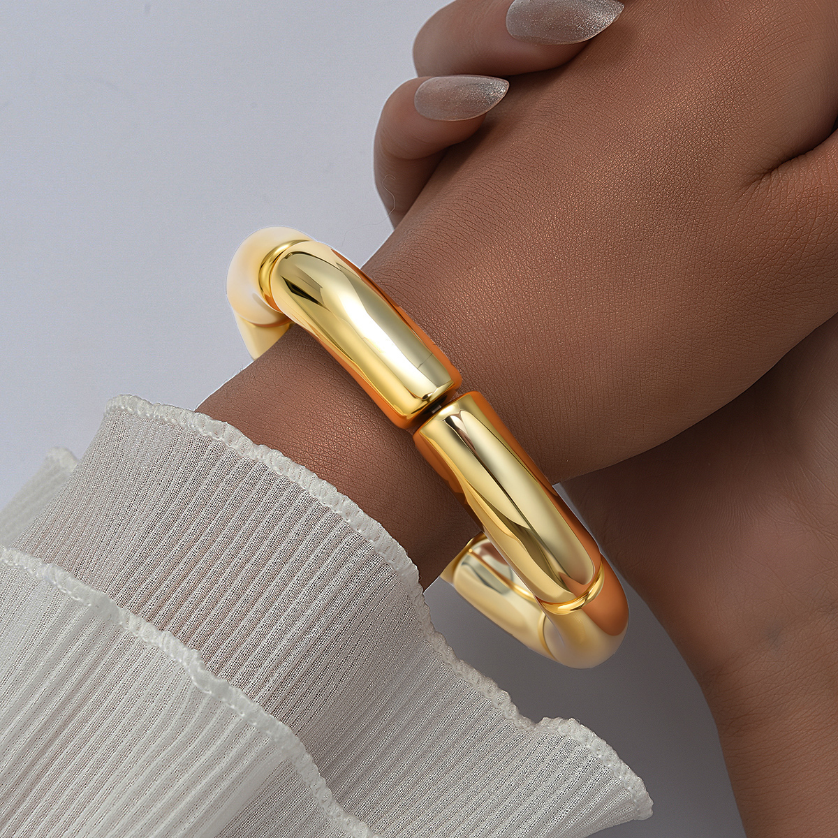Vintage Gold Color Chunky Bangles For Women Metal Stack Layered Curved Bamboo Tube Stretch Bracelets Daily Wear Jewelry New