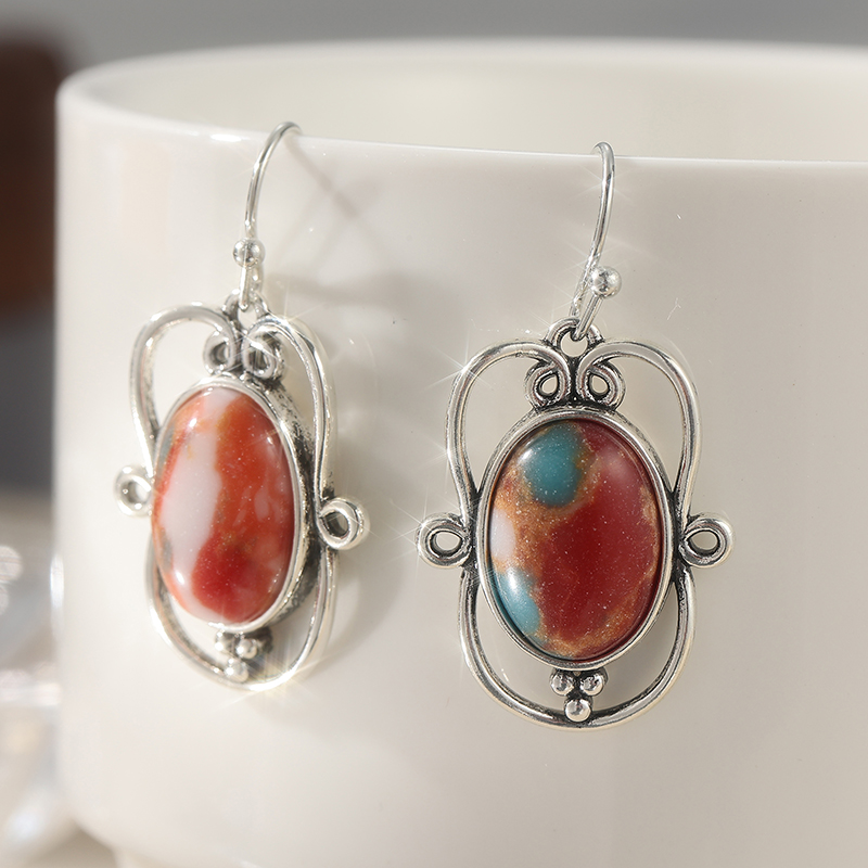 Antique Style Geometry Inlay Stone Drop Earrings For Women Boho Round Red Blue Earrings Female Banquet Wedding Jewelry