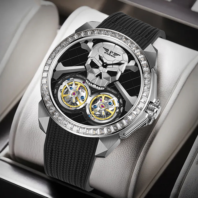 PINDU Watch New TOP Men Mechanical Watches Double Flywheel Automatic Movement Skull Halloween Waterproof Wristwatches Men