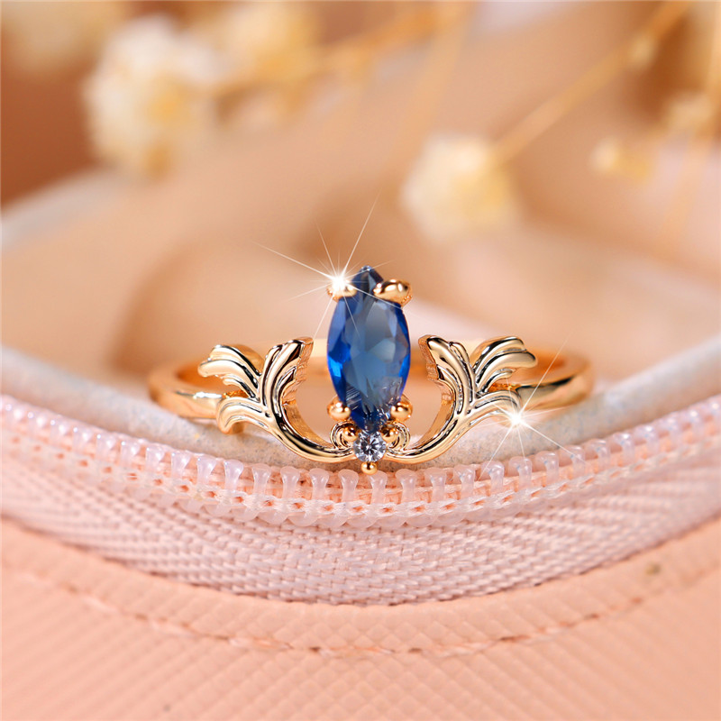 Cute Female Blue Oval Zircon Stone Ring Vintage Silver Color Wedding Jewelry For Women