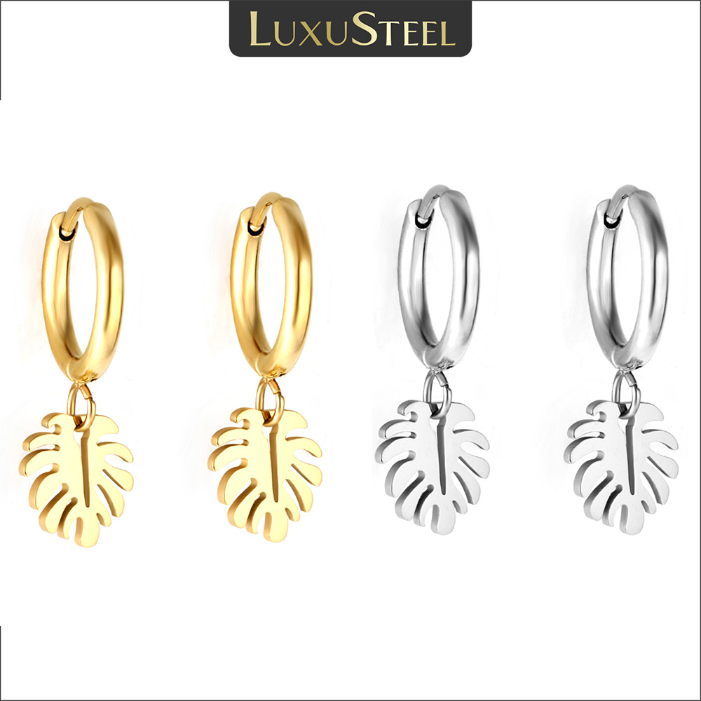 LUXUSTEEL Cерьги 2022 New Leaf Pendant Hoop Earrings Female Fashion Silver Color Stainless Steel Round Ear Jewelry Couple