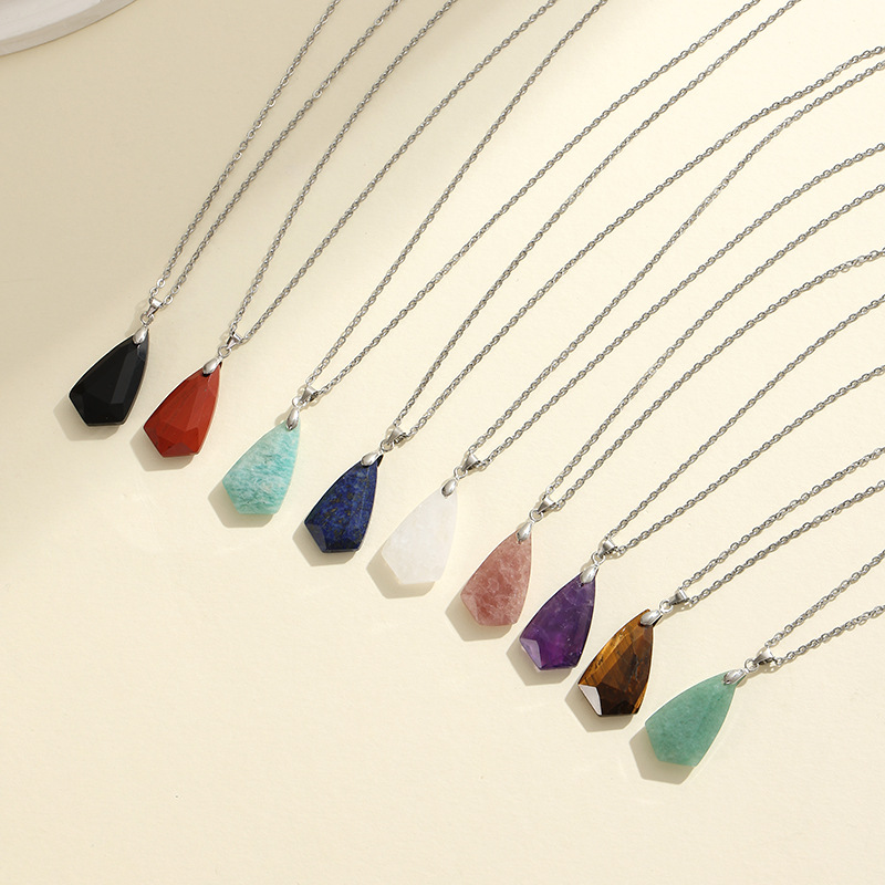 1pc Natural Stone Geometric Shape Pendant Necklace Amethyst Pink Crystal Charm Pendulum Necklace Jewelry