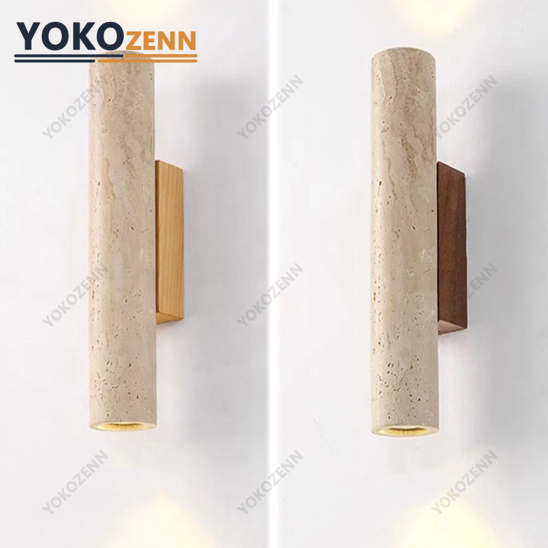 Wabi Sabi Natural Travertine E27 Wall Lamp, Log & Walnut Wood Wall Light for Bedroom Bedside Staircase Living Room Home Decor