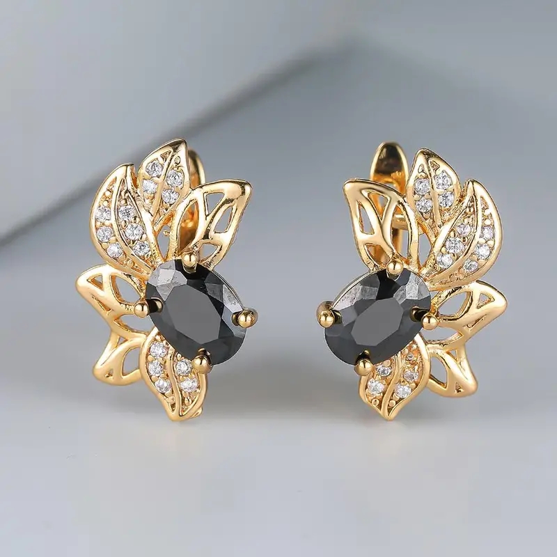 Huitan Romantic Leaves Design Hoop Earrings with Black Stone Special-interested Gold Color Earrings for Women Wedding Jewelry